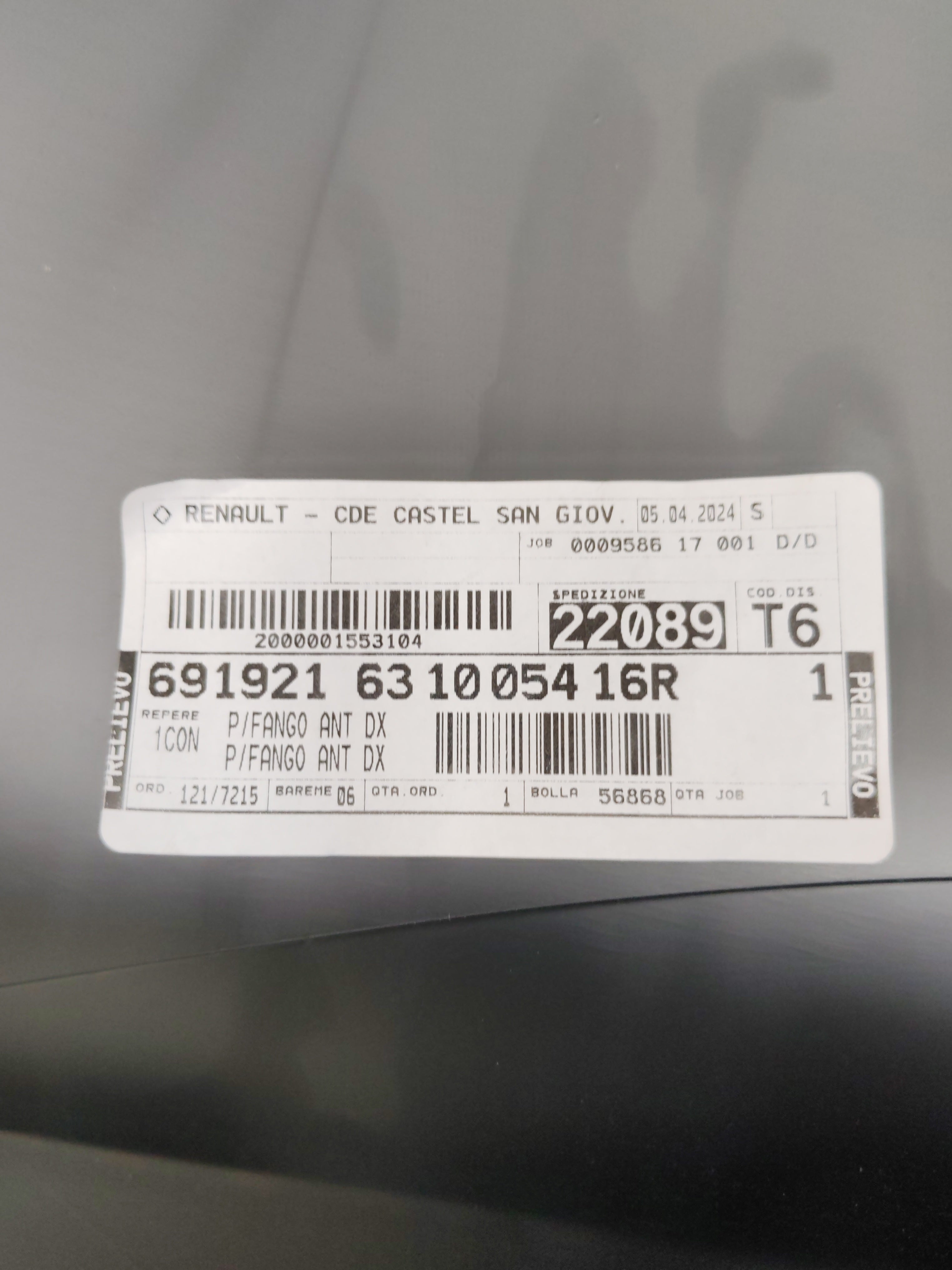 Parafango anteriore destro Renault Zoe: 631005416R